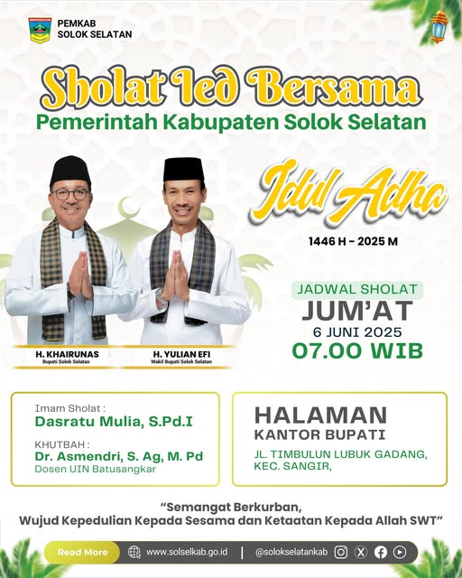 Jadwal sholat Idul Adha 1446 Hijriah bersama Pemerintah Kabupaten Solok Selatan