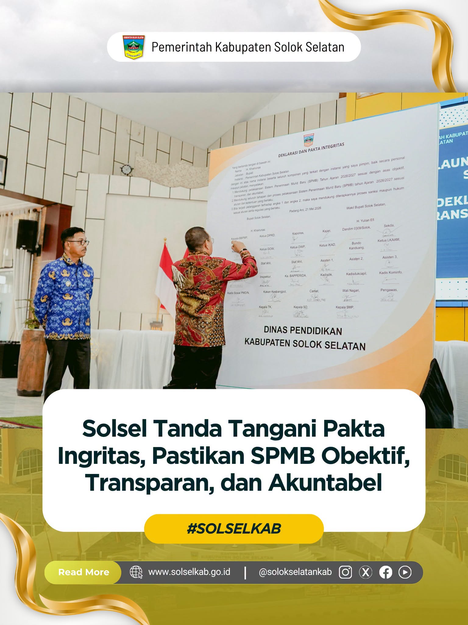 Solsel Tanda Tangani Pakta Ingritas, Pastikan SPMB Obektif, Transparan, dan Akuntabel